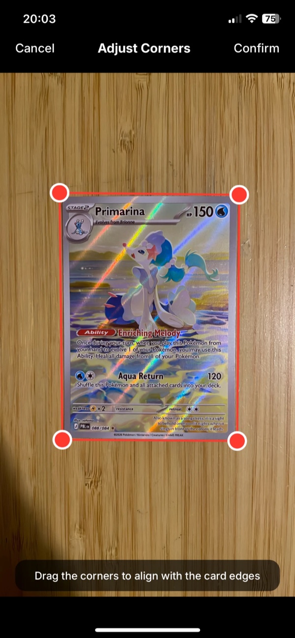 Adjust Corners screen with four draggable markers aligned to the edges of a Primarina card