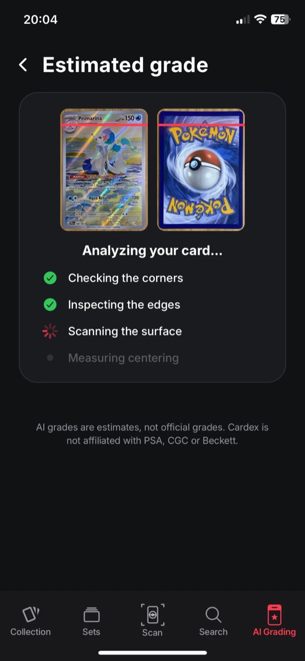 Cardex analyzing a card: checking the corners, inspecting the edges, scanning the surface and measuring centering