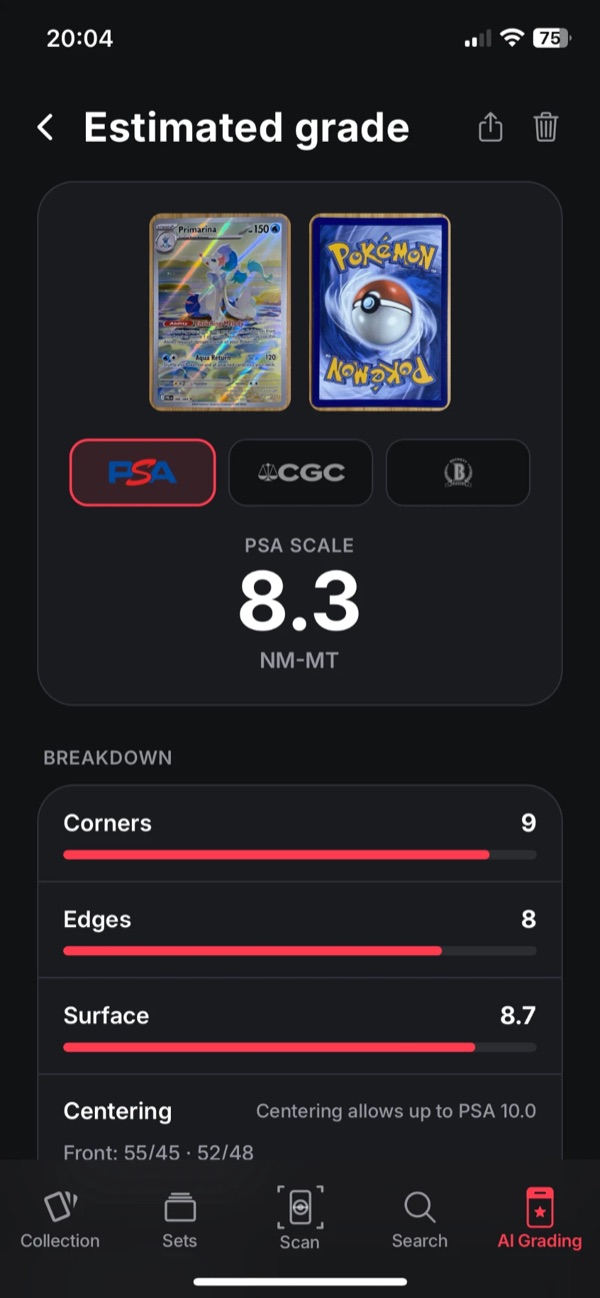 Cardex AI Grading result showing an estimated grade of 8.3 on the PSA scale with corners, edges, surface and centering scores