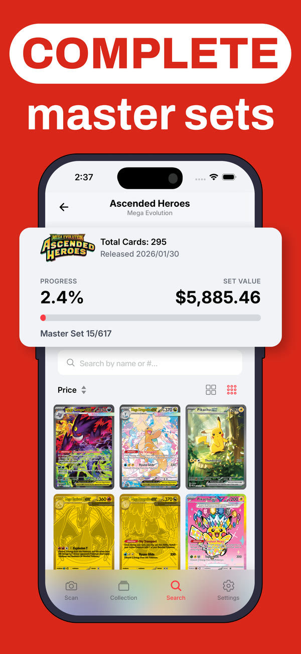 Master set completion tracking with set value and progress for a Pokémon expansion
