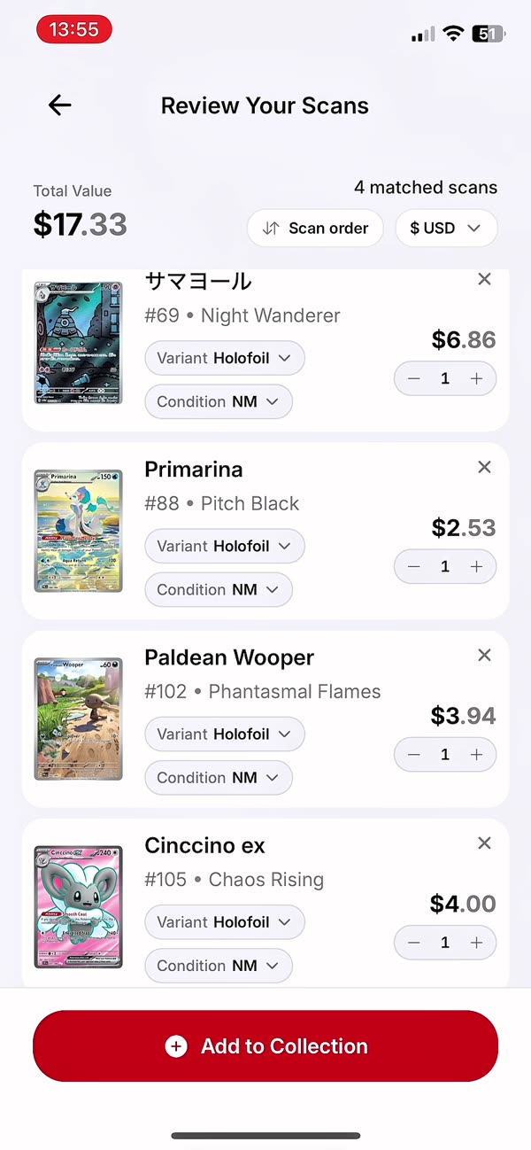 Review Your Scans screen listing four identified cards with variant, condition and total value