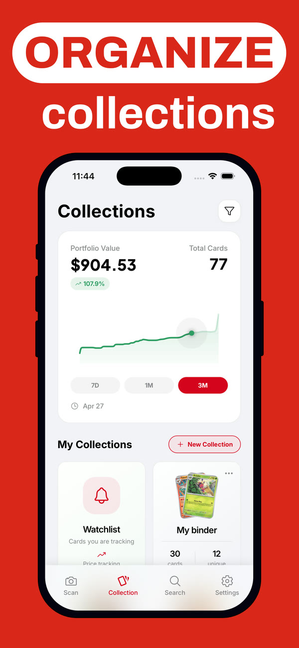 Pokémon card collection tracker showing portfolio value chart, watchlist and binders