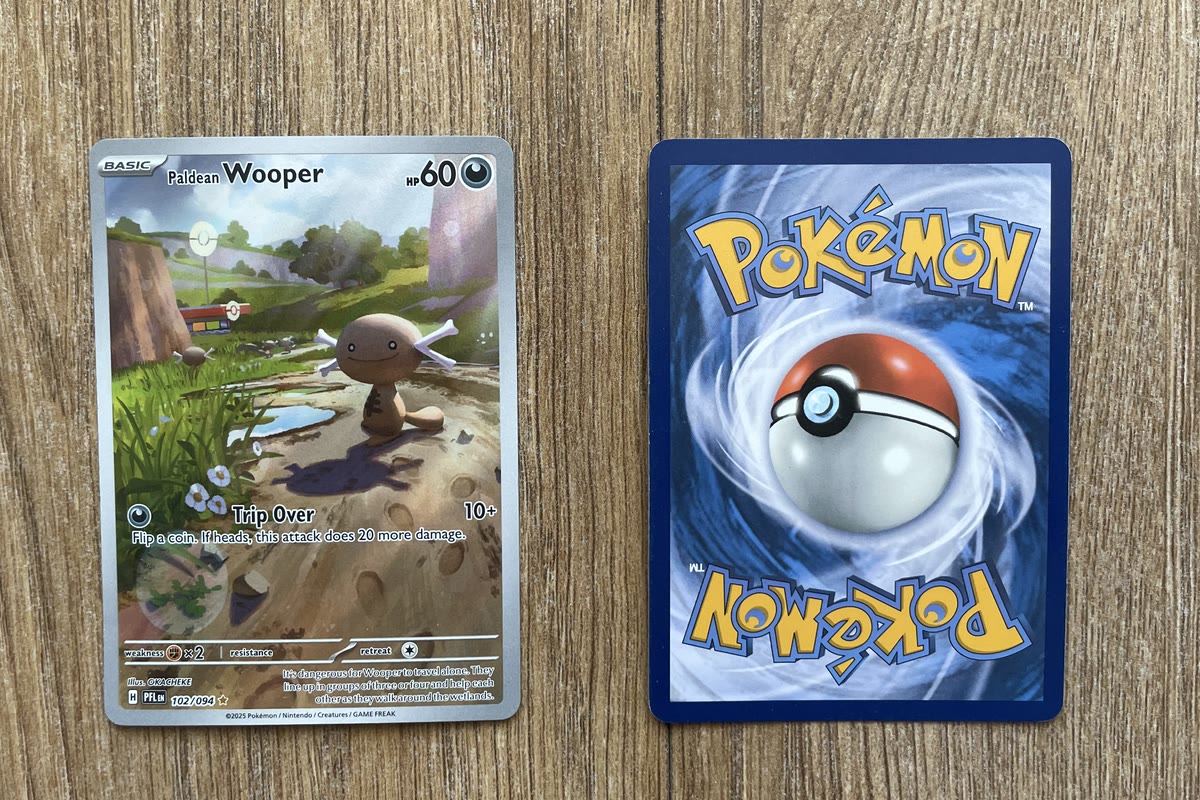 Front and back of two Pokémon cards arranged for a condition inspection of the surface, corners and edges
