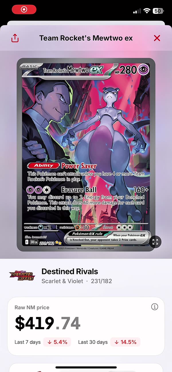 Team Rocket's Mewtwo ex card detail with raw near mint price and 7-day and 30-day change