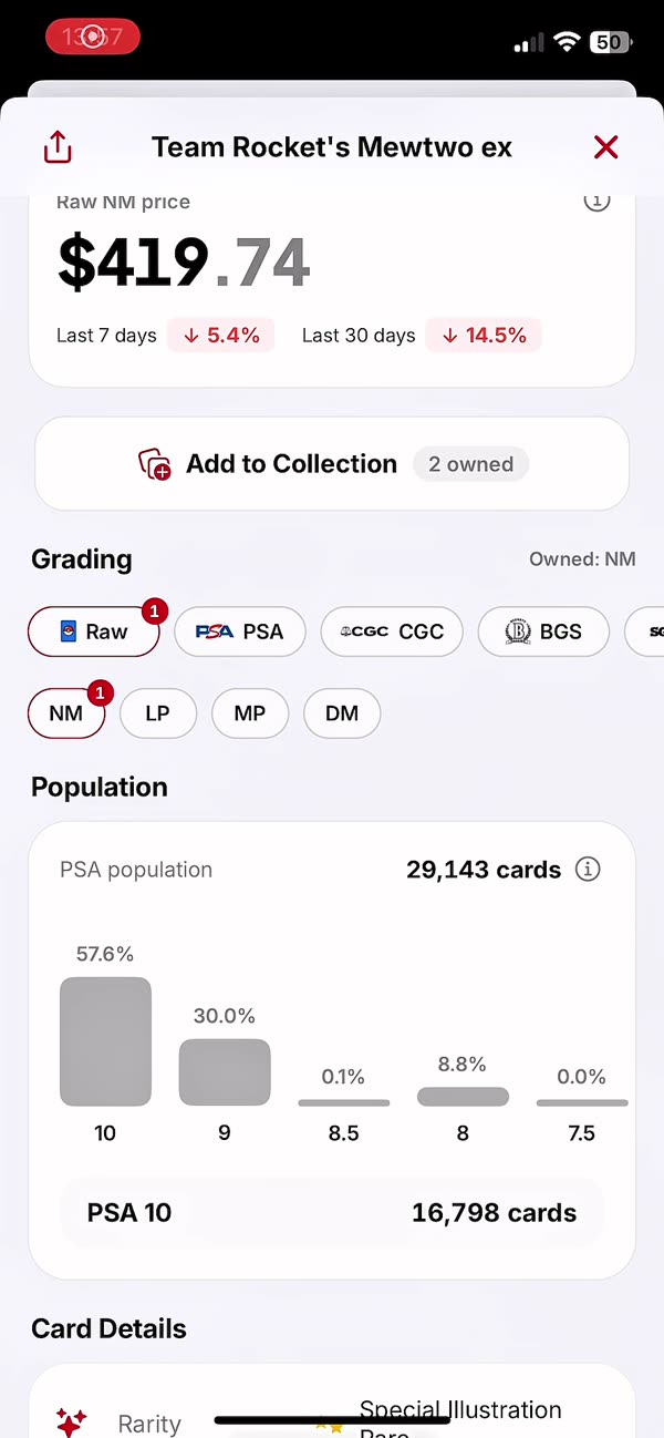 PSA 10 and CGC 10 graded prices next to the raw price