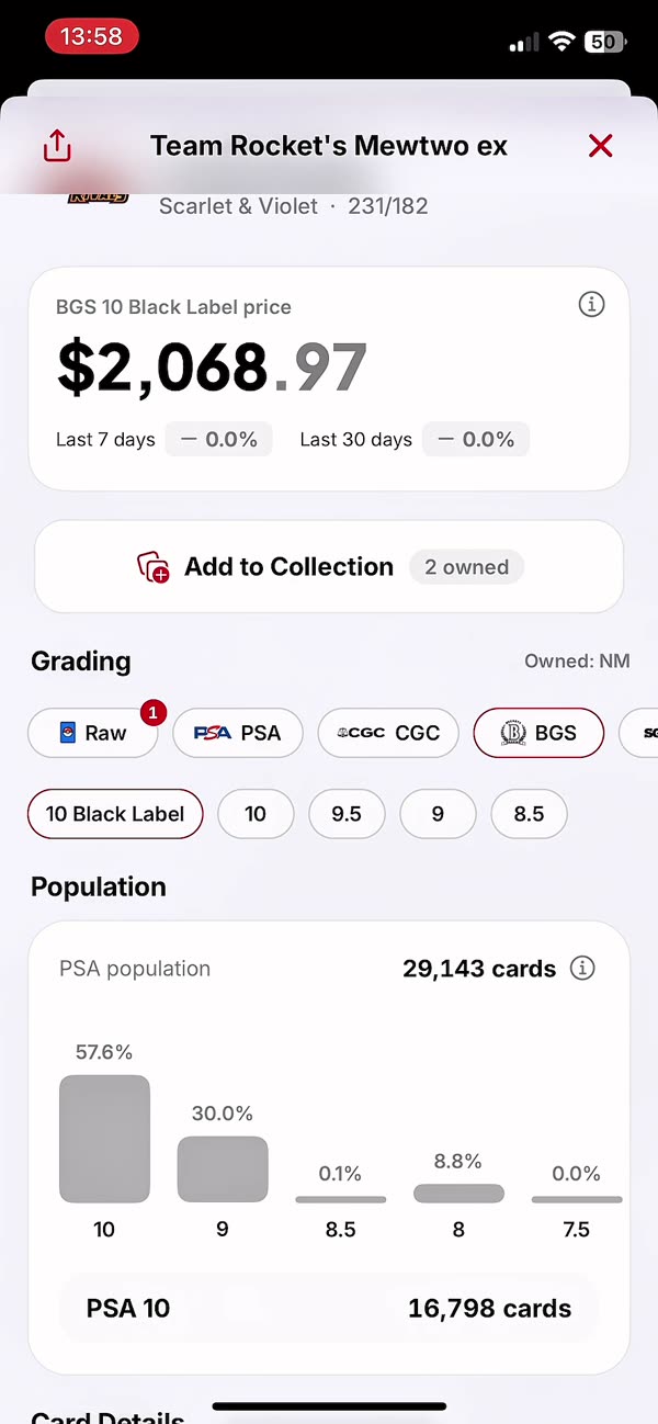 PSA population chart and card details showing rarity, type, set and number