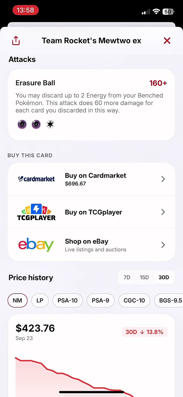 Buy links for Cardmarket, TCGplayer and eBay plus a 30-day price history chart