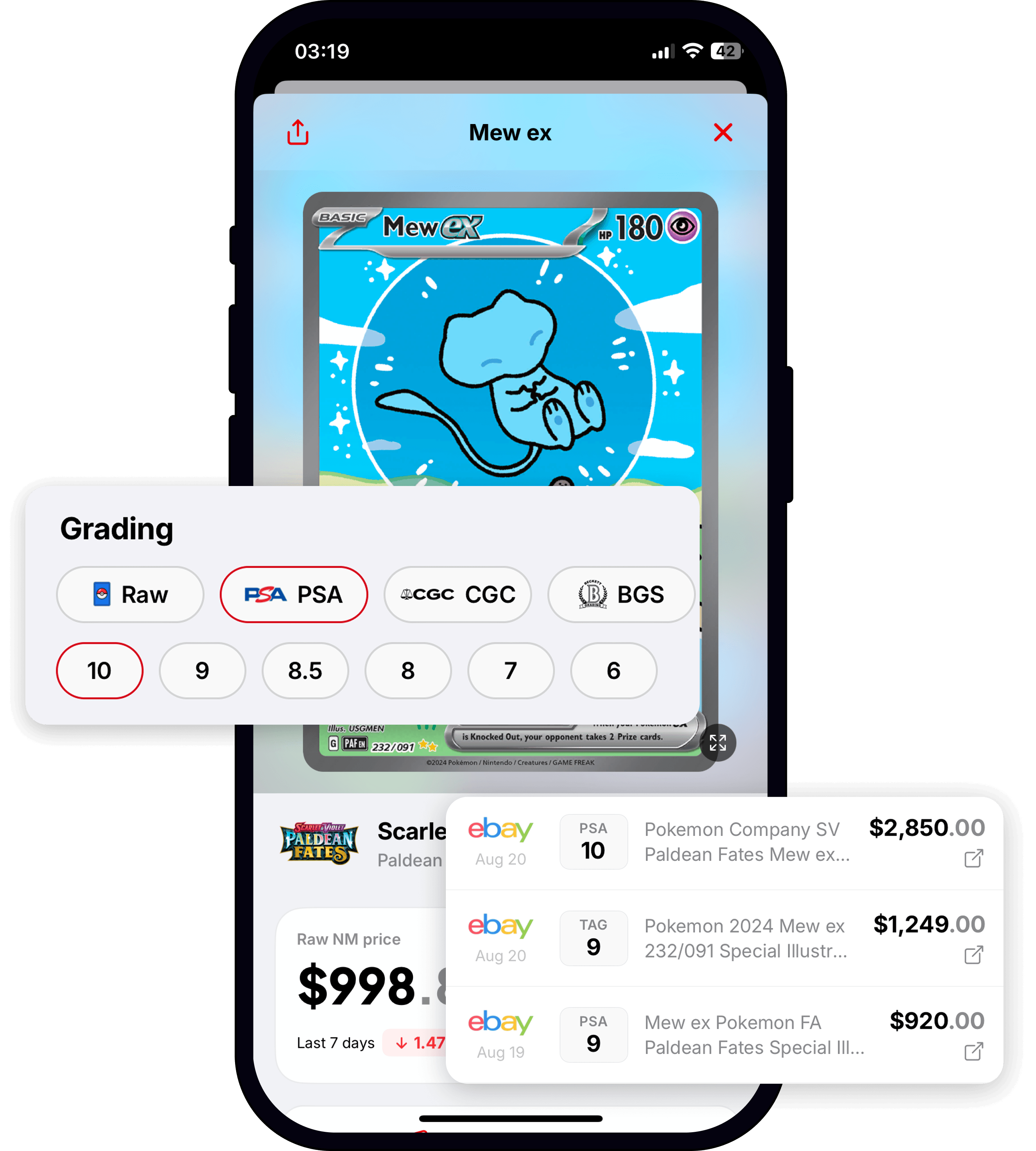 Cardex showing raw, PSA, CGC and BGS grading options with recent eBay sales for a Mew ex card