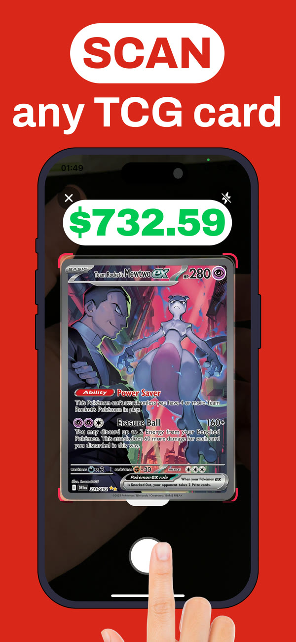 Scanning a Pokémon card with the camera and reviewing market data