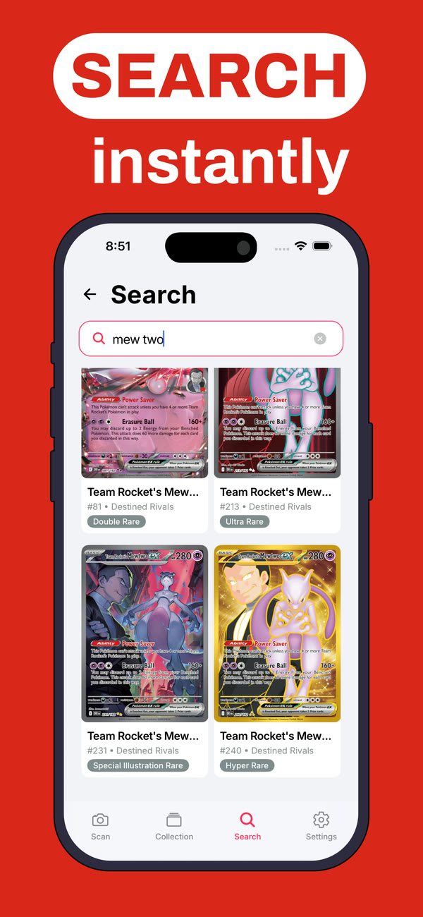 Searching Pokémon cards by name with set numbers and rarity badges like Ultra Rare and Hyper Rare
